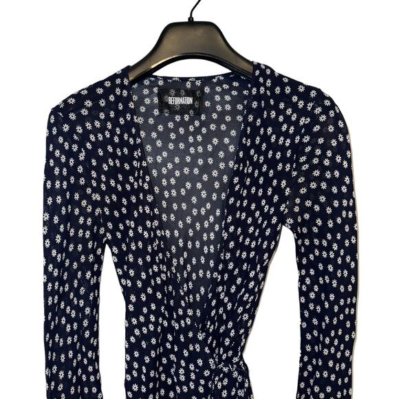 Reformation Navy Blue and White Floral Semi Sheer Wrap Maxi Dress Size XS - Picture 5 of 14